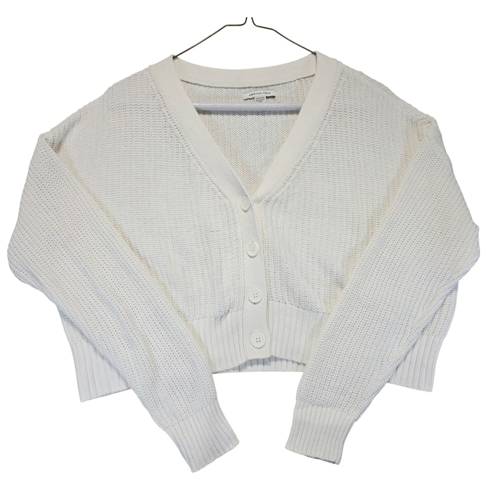 American Eagle Women XS Cream White Cropped Button Front V-Neck Cardigan Sweater